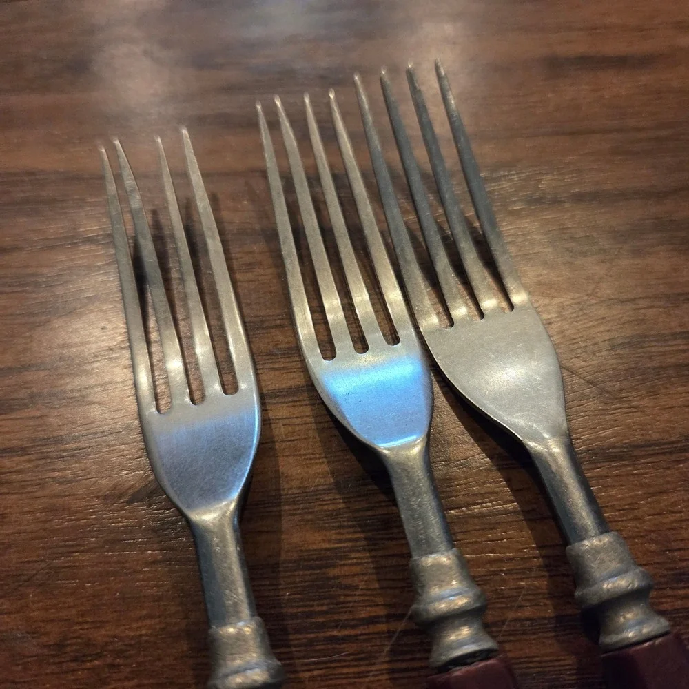Vintage Mid Century Modern Stainless Forks Set of 3 Brown Cutout Handles 7.75in